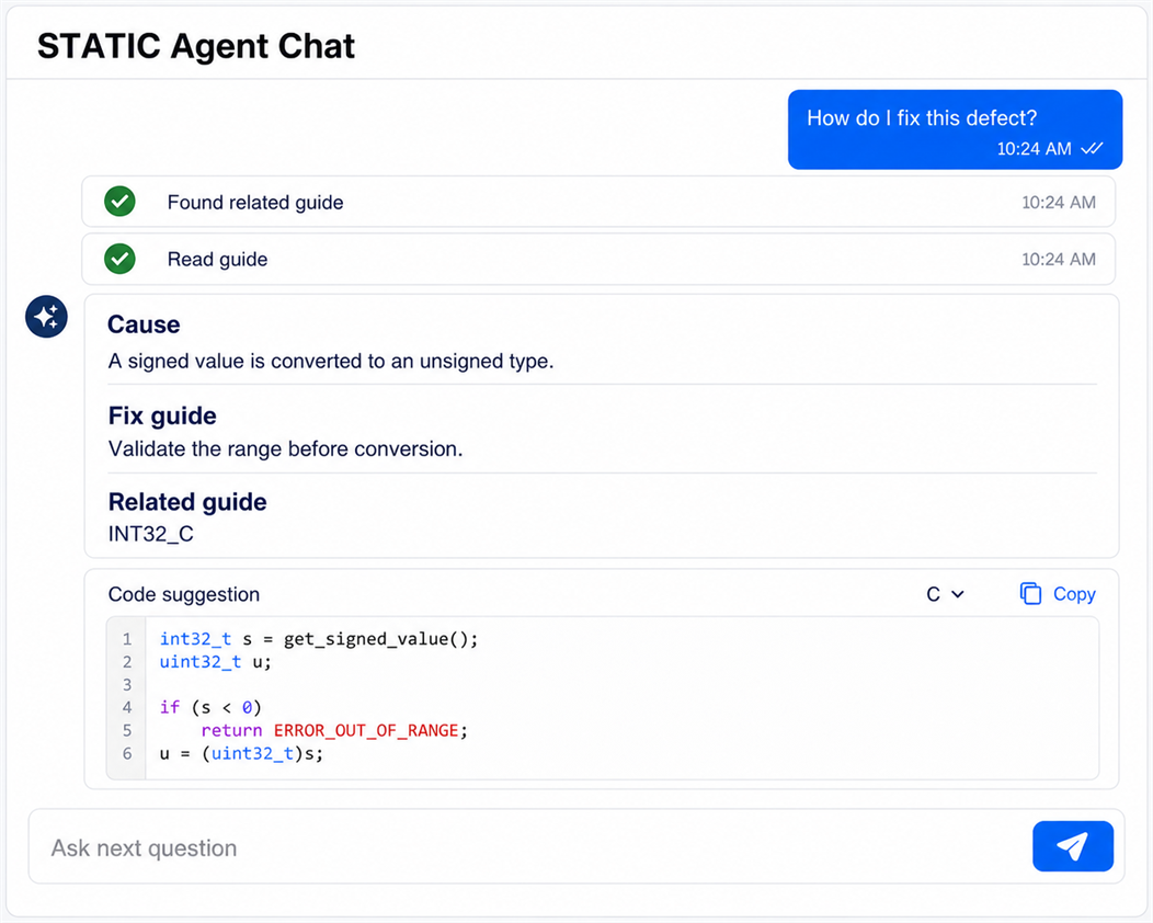 The STATIC Agent Chat screen. When the user asks how to fix a defect, the AI finds and reads the relevant guide and presents the cause of the defect that occurs when converting a signed value to an unsigned type, how to validate the range, the related rules, and a code fix example.