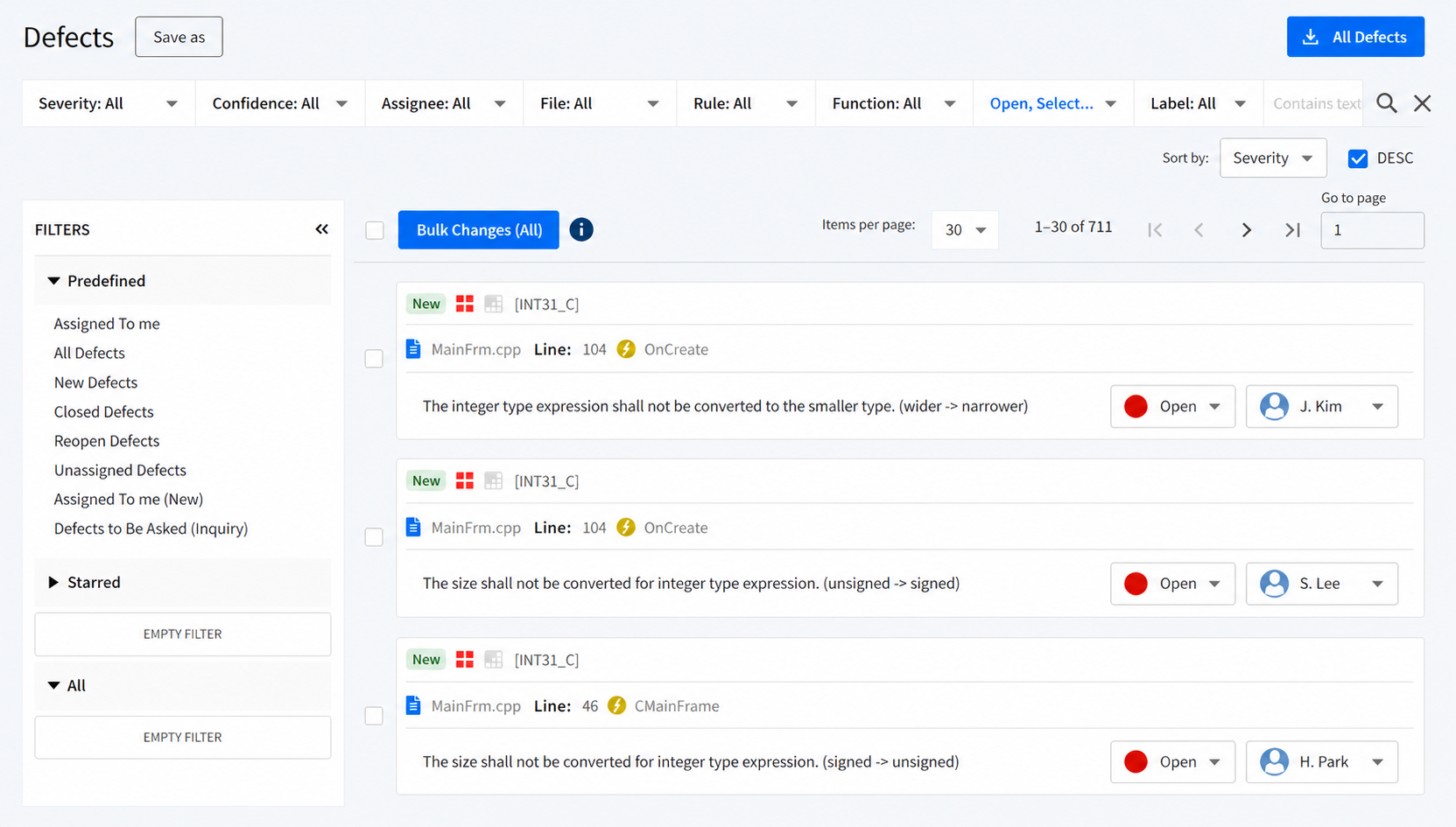 Example of the STATIC Enterprise defect list screen. Severity, confidence, assignee, file, rule, function, status, and label filters are placed at the top, and predefined filters such as assigned defects, new defects, and closed defects are shown on the left. Each defect card shows the INT31_C rule ID, the MainFrm.cpp file and line number, the OnCreate function, the integer conversion violation, and the status and assignee change controls.
